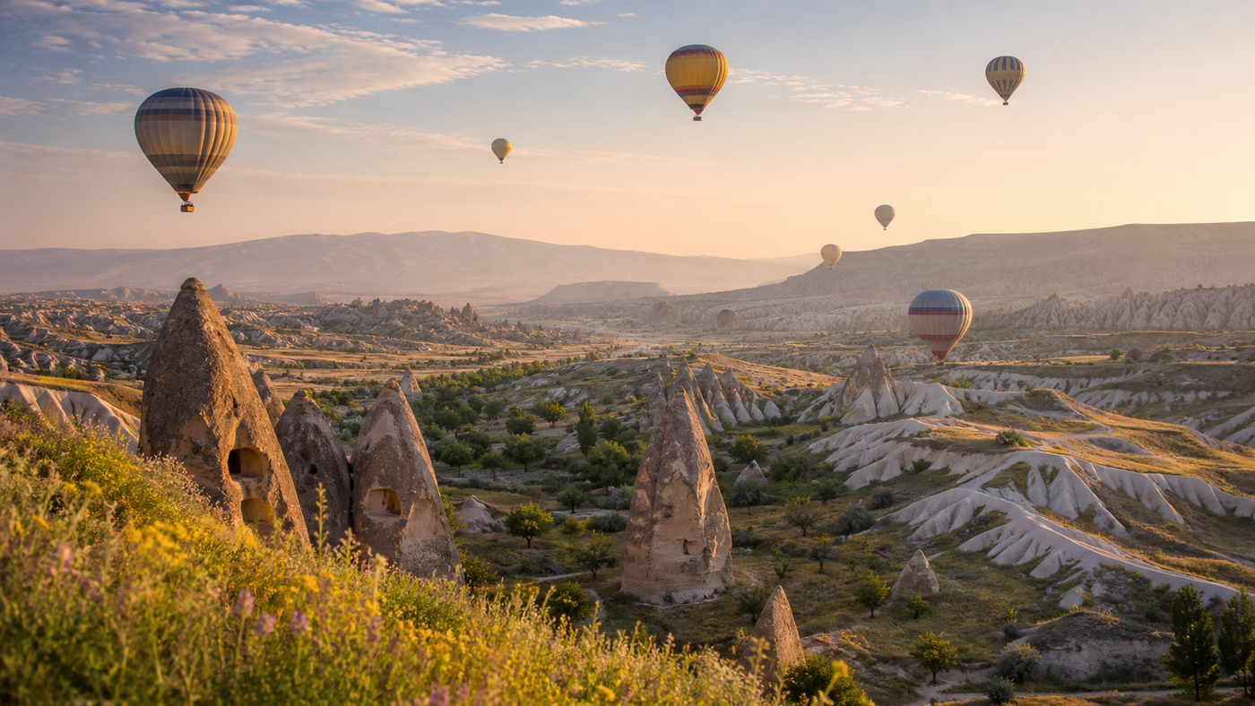 Hot-air balloons over the fairy chimneys of Cappadocia at sunrise