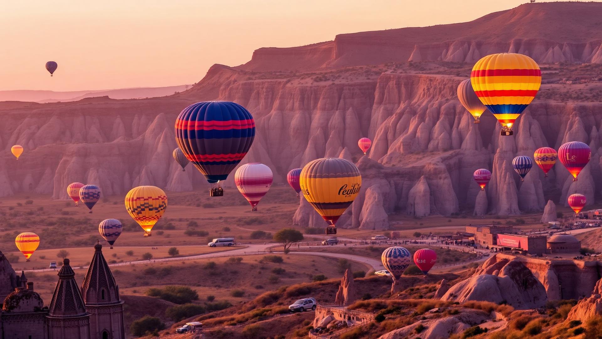 Hot air balloons at sunrise over Göreme National Park, Cappadocia