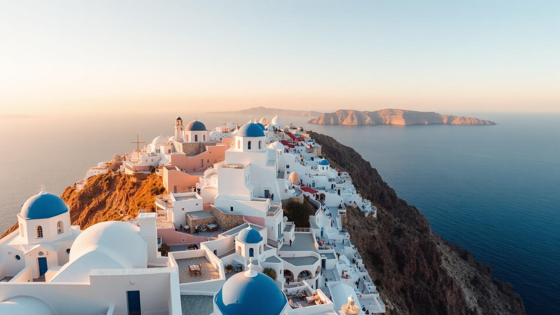 Whitewashed houses and blue domes above the Aegean in Greece