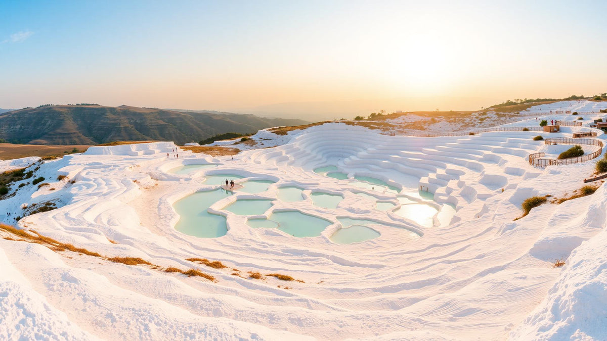 White travertine pools cascading down the hillside at Pamukkale